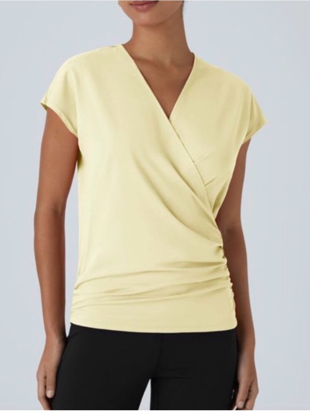 Halara V Neck Cap Sleeve Crossover Ruched Solid Work Blouse Medium Pale Yellow